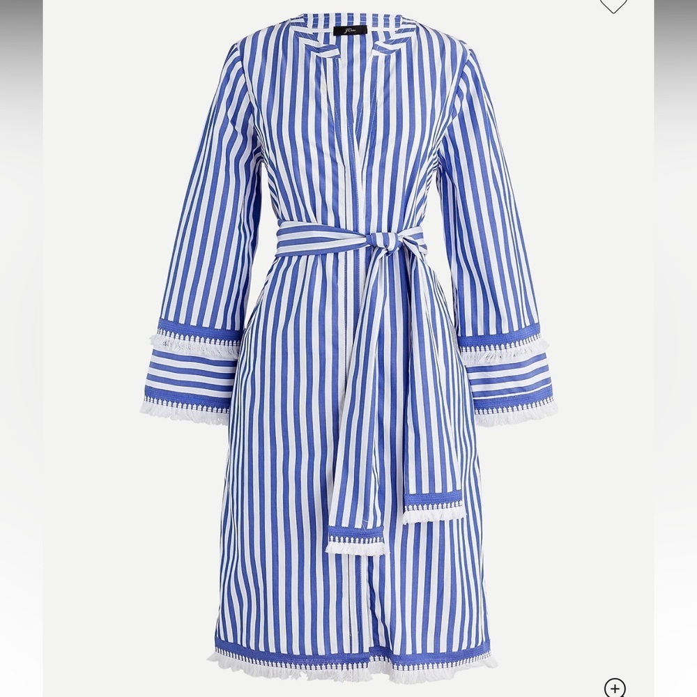 J. Crew Belted Cotton Poplin Tunic Dress 12 Blue White Striped Tassel Trim GUC